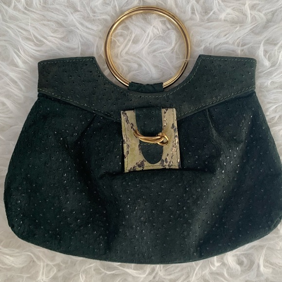 Vegan leather purse dark green w/goldtone “bracelet” ring handle; ostrich, snake - Picture 8 of 14